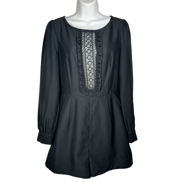 Avec Les Filles Black Lace-Inset Romper Long Sleeve Ruffle Evening 6 - Picture 1 of 16